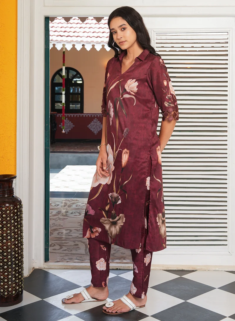 Qissa  Women's Burgundy Red Bloomera Imprint Kurta Set For Casual Wear | Spread Collar | Quarter Regular Sleeves | 2 Piece Kurta Set Designed With Comfort Fit For Everyday Ethnic Wear for Women | Best Price UAE